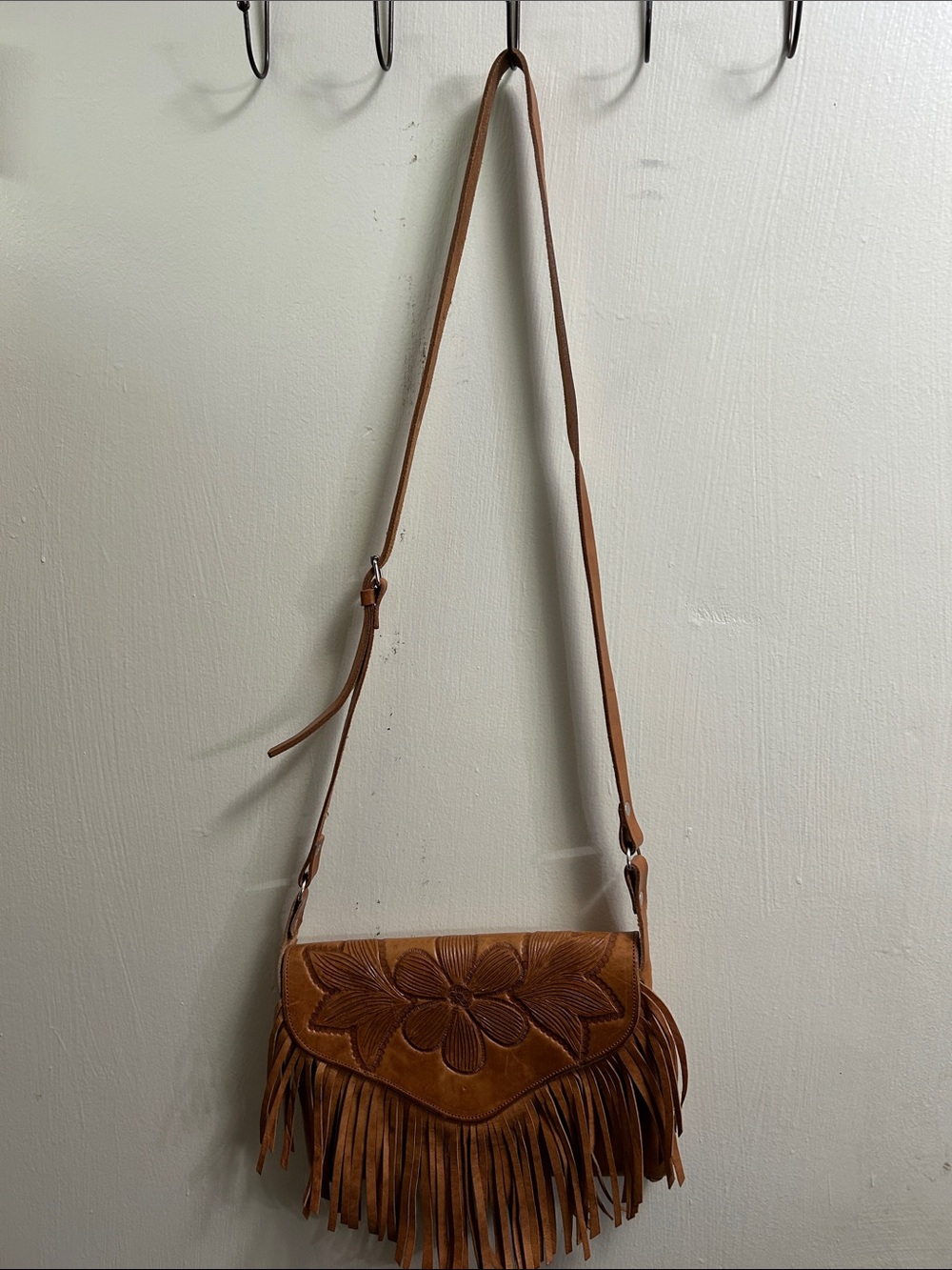 Handmade Natural Boho Leather Fringed Floral Tooled Leather Crossbody Bag - Tan